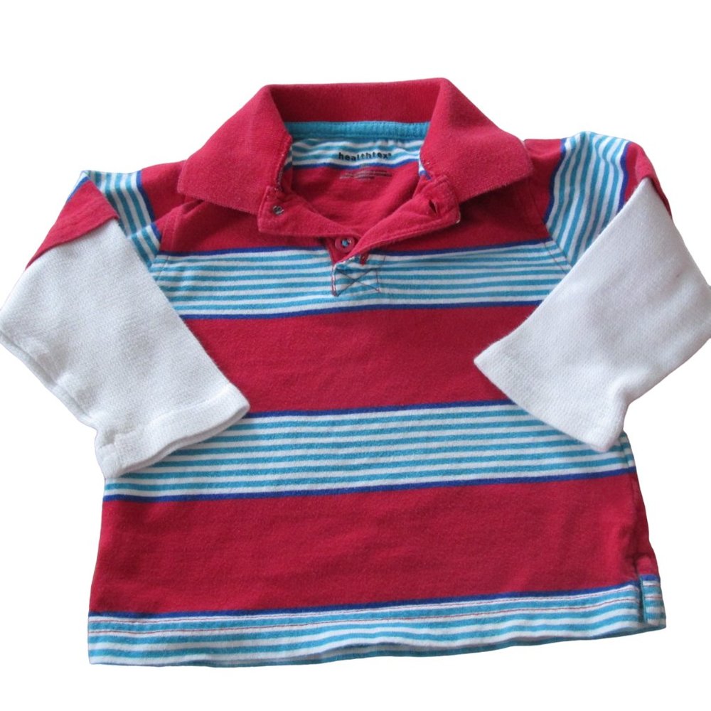 Healthtex Pullover Polo Shirt Boys Size 18M Red Blue Striped Long Sleeve Collar‎